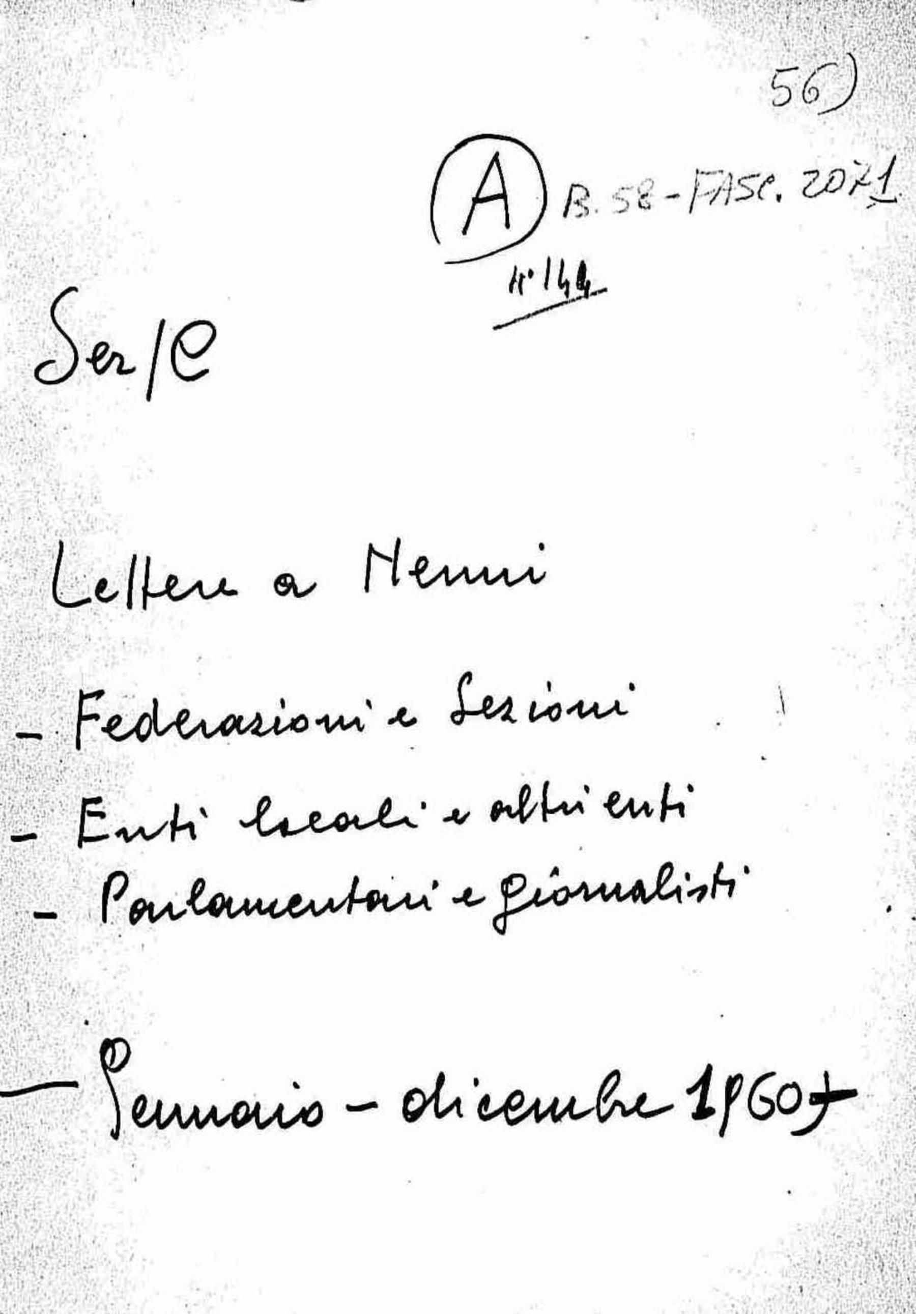 Lettere a Nenni di federazioni e sezioni, enti locali e altri enti, parlamentari e giornalisti, 1960 gen. - dic.