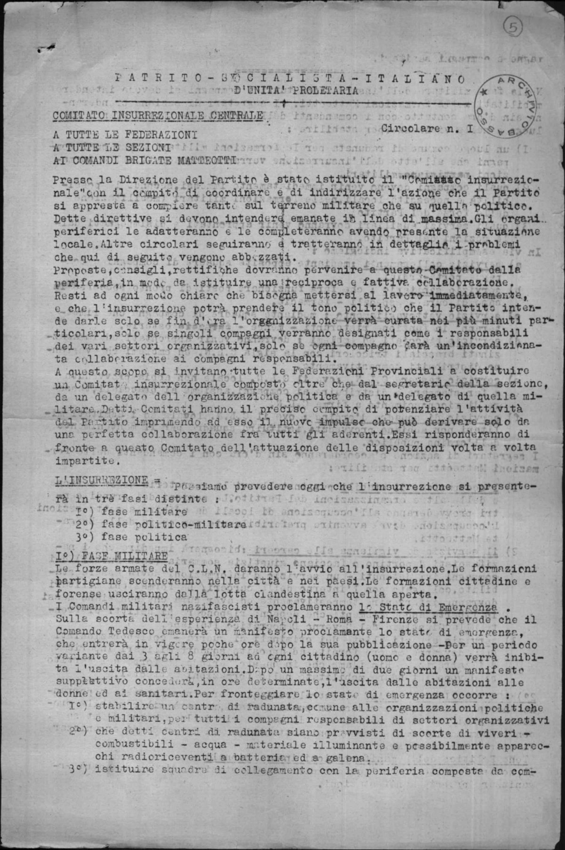 Comitato insurrezionale centrale del Psiup a tutte le federazioni e sezioni