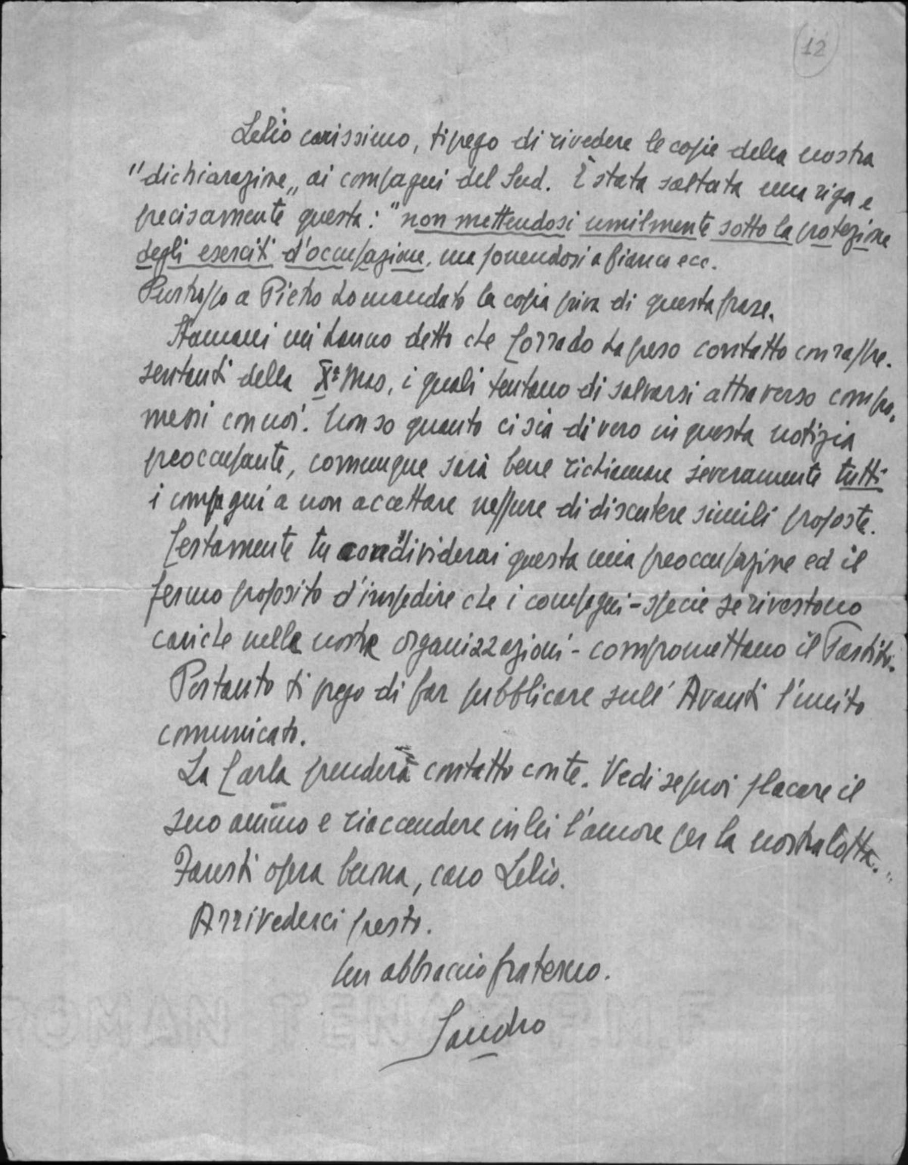 Sandro Pertini a Lelio Basso