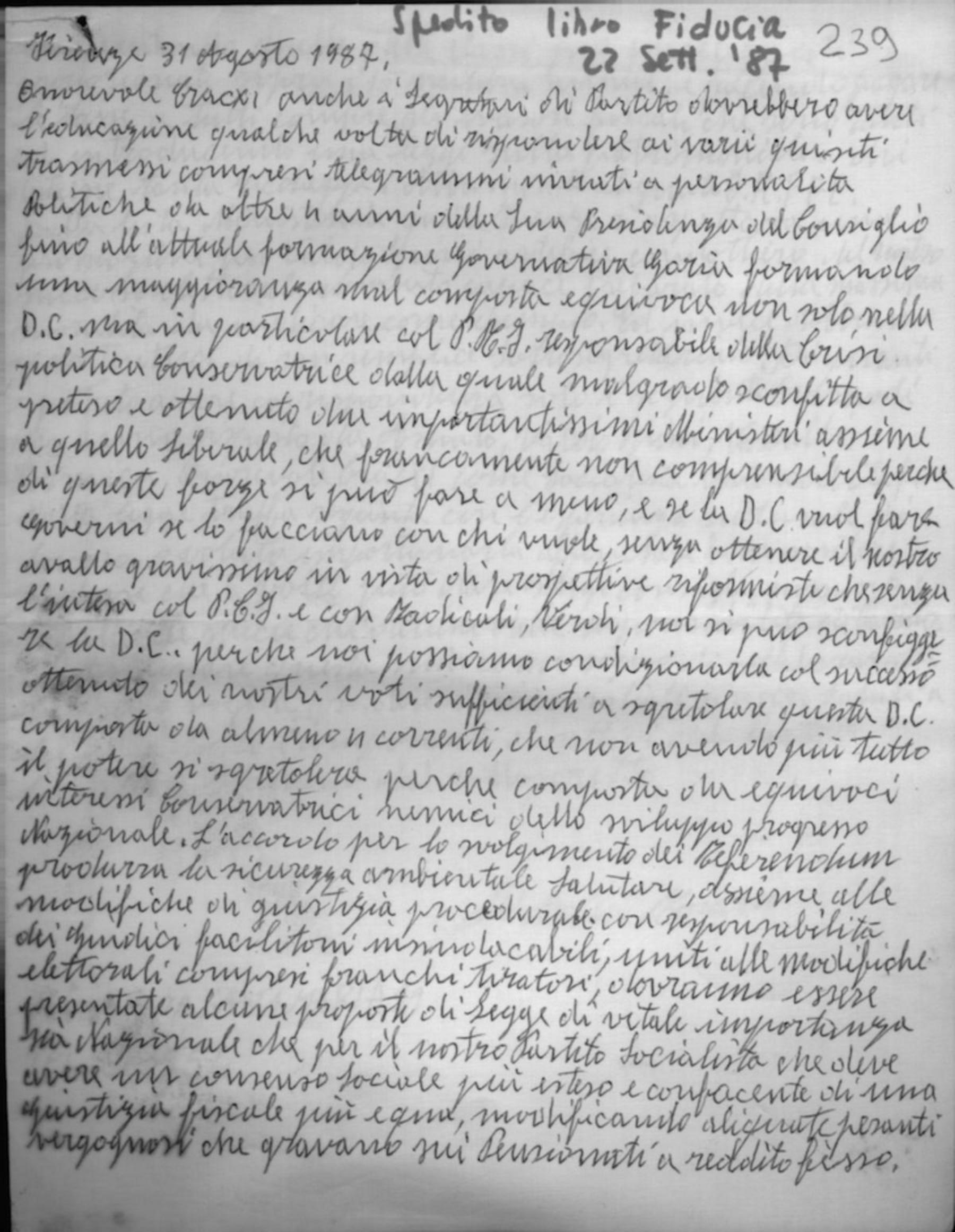 Rosario Di Bella a Craxi, 31/8/1987