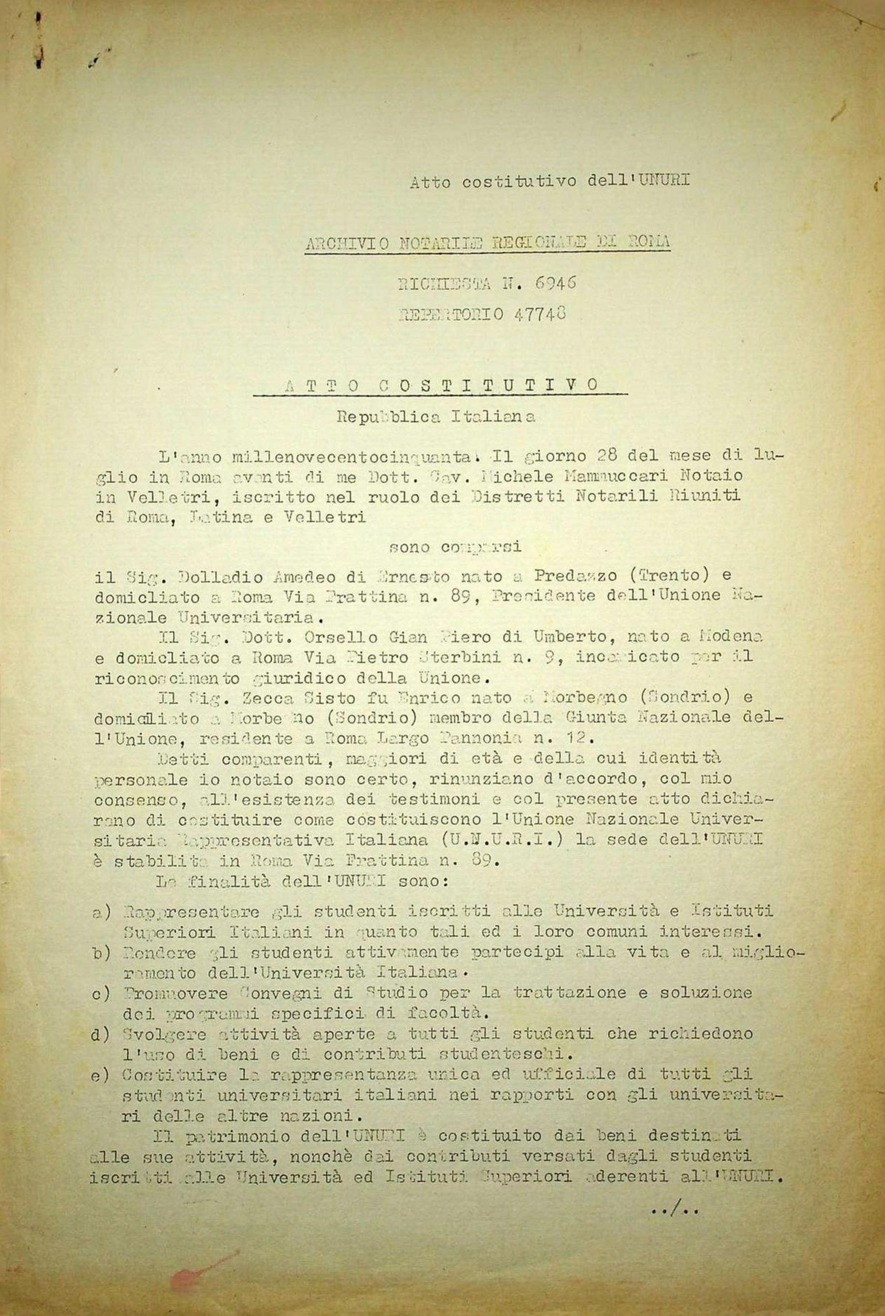 "Atto costitutivo dell'UNURI", 13/06/1952